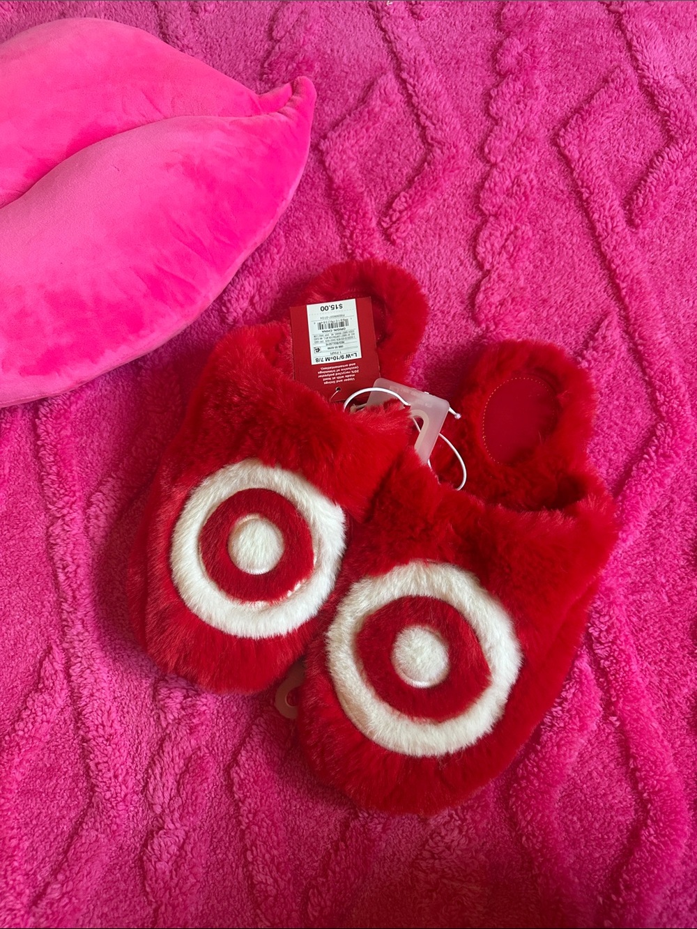 Target unisex Red Fuzzy Slippers with White Target Circles